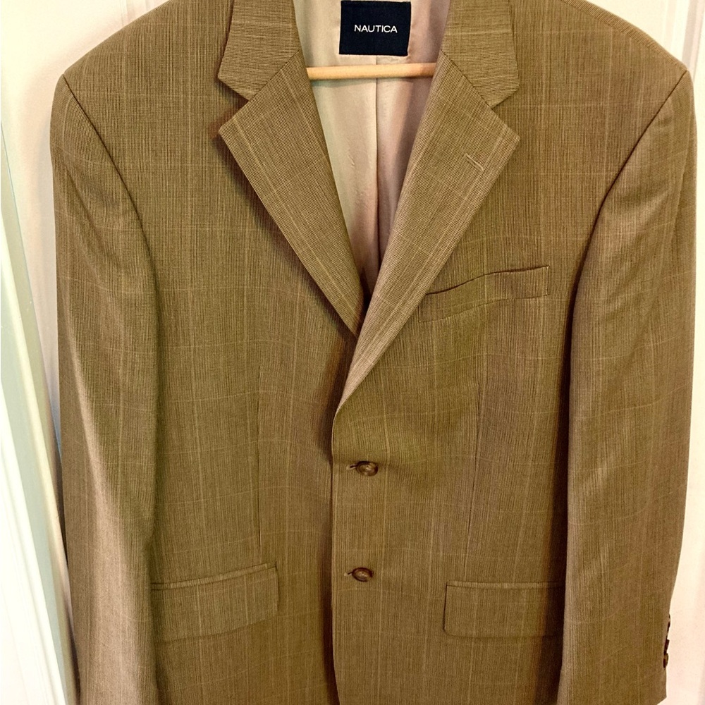 Nautica Men's 100% wool windowpane pattern Tan/Orange/Black Blazer
